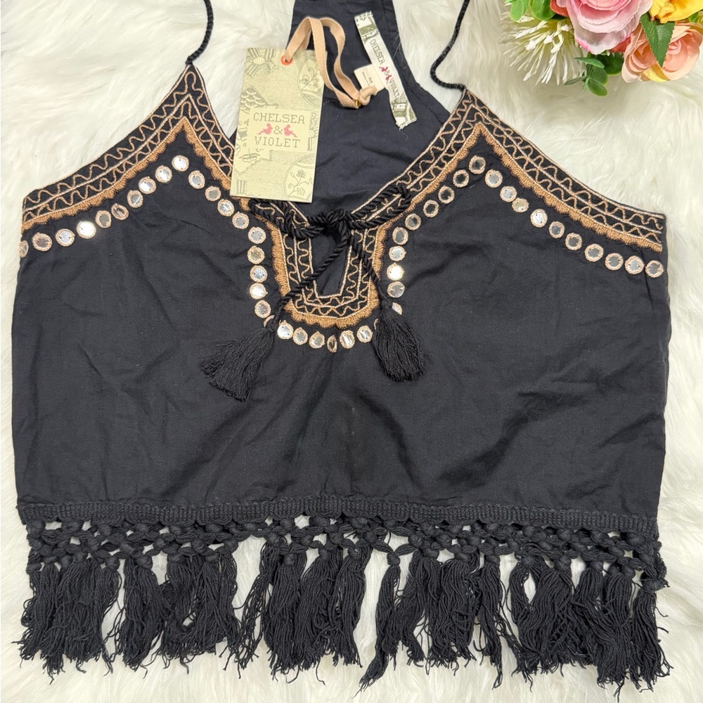 Chelsea & Violet Black and Tan Embroidered Crop Top